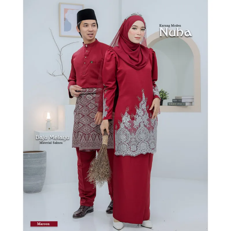 BAJU KURUNG MODEN Bridal Set NUHA In MAROON | Full set 7 Item | Tunang | Nikah | BAJU KURUNG LACEBY MOFF2U thumbnail 5
