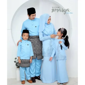SET FAMILY BAJU KURUNG SURAIYA BAJU MELAYU WARNA BABY BLUE RAYA 2024 | BAJU KURUNG LACE BY MOFF2u