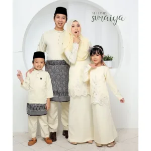 SET FAMILY BAJU KURUNG SURAIYA BAJU MELAYU WARNA CREAM RAYA 2024 | BAJU KURUNG LACE BY MOFF2u