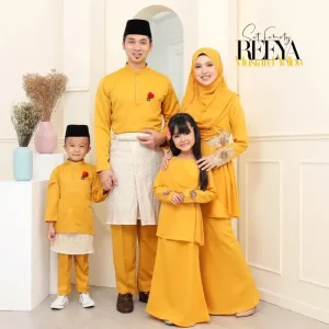 FULL SET FAMILY BAJU KURUNG REEYA MUSTARD | BAJU KURUNG MODEN LACE | SET FAMILY KURUNG RAYA
