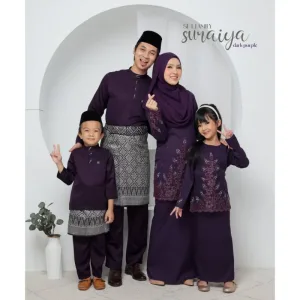SET FAMILY BAJU KURUNG SURAIYA BAJU MELAYU WARNA DARK PURPLE RAYA 2024 | BAJU KURUNG LACE BY MOFF2u