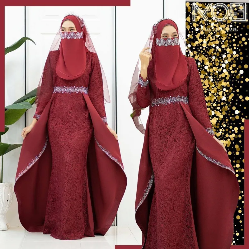 MOFF Bridal Set BAJU DRESS Lareenda In MAROON | Nikah Kahwin |Tunang | Full set Kurung Moden thumbnail 5