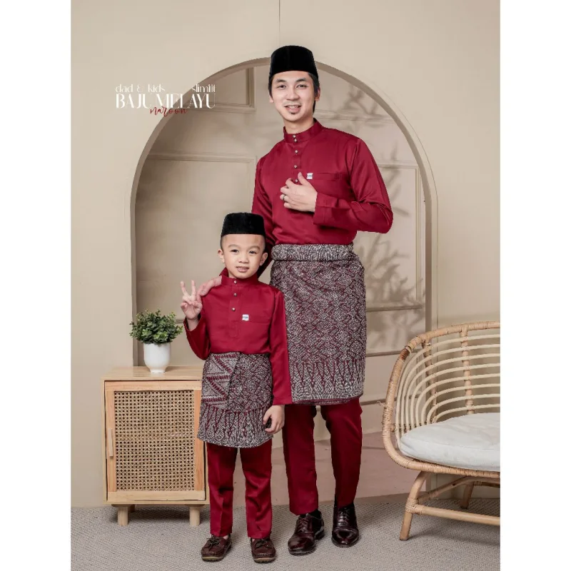 Baju Melayu Slim Fit Ayah dan Anak Warna Maroon BY MOFF2U thumbnail 5