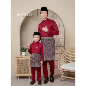 Baju Melayu Slim Fit Ayah dan Anak Warna Maroon BY MOFF2U