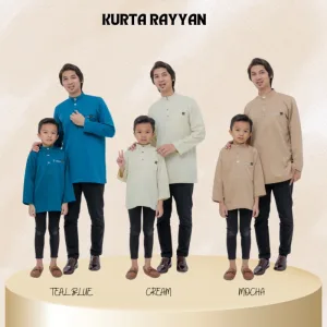 Baju Kurta Rayyan | Mocha - Teal Blue - Cream | baju kurta moden | baju kurta Dewasa | Baju kurta Budak by moff2u
