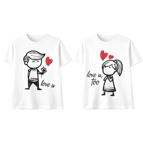 Couple Love Graphic T-Shirt – “Love U” & “Love U Too” Matching Tee (White)