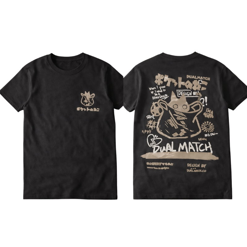 388 Dual Match Cat Graphic T-Shirt – Japanese Street Style Unisex Cotton Tee - Image 1