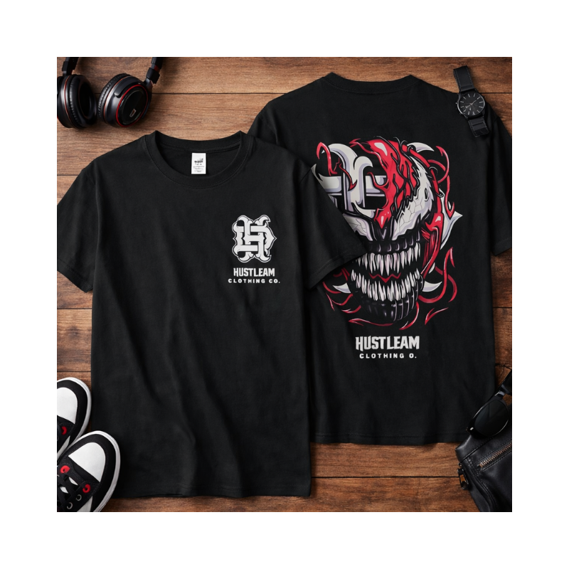 Product - 2026-04-08T155358.375 Hustleam Graphic T-Shirt Front Back Print | Streetwear Skull Design Tee | Unisex Cotton Casual Shirt - Image 1