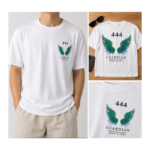 444 Guardian Graphic T-Shirt Front & Back Print | White Angel Wing Unisex Cotton Tee | Casual Loose Fit Streetwear Shirt