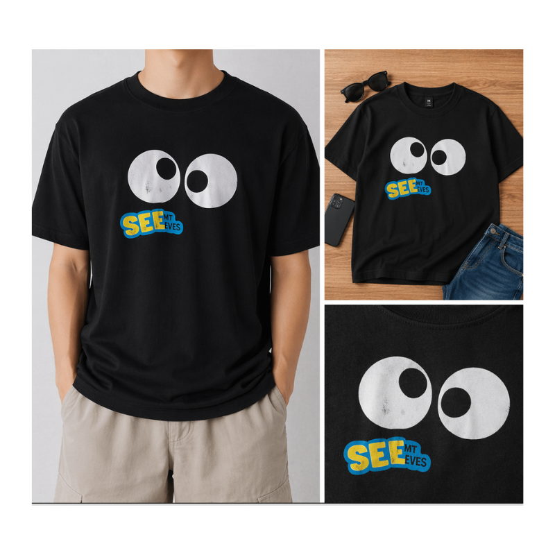 Product - 2026-04-16T153938.527 Eyes Graphic T-Shirt Black | Cute Cartoon Unisex Cotton Tee | Casual Loose Fit Streetwear Shirt - Image 1